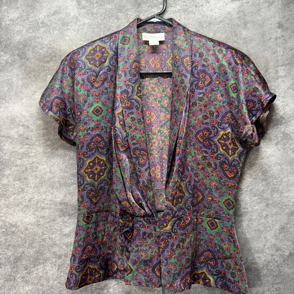 Evan Picone Vintage 100% Silk Paisley Peplum Blouse Top Size 8 Purple Old Money